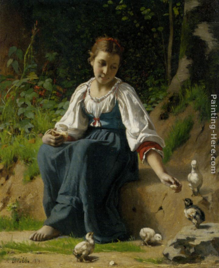 Young Girl Feeding the Baby Chicks painting - Francois Alfred Delobbe Young Girl Feeding the Baby Chicks art painting
